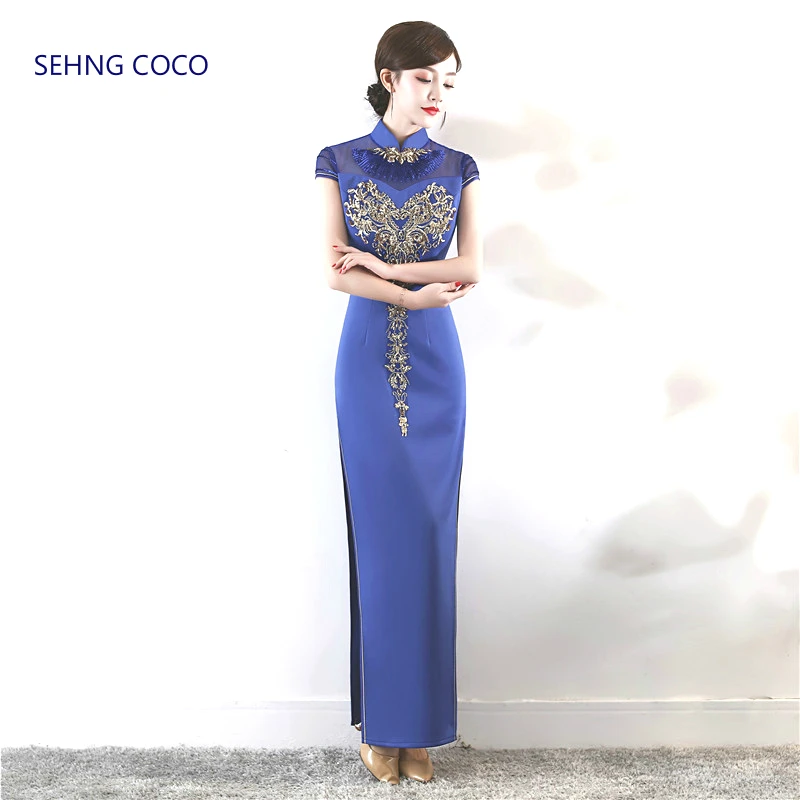 Длинные темно синие вечерние платья Ципао элегантное платье вышитое бисером