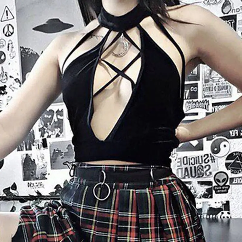 Женский черный топ на бретельках с открытой спиной и глубоким v-образным вырезом