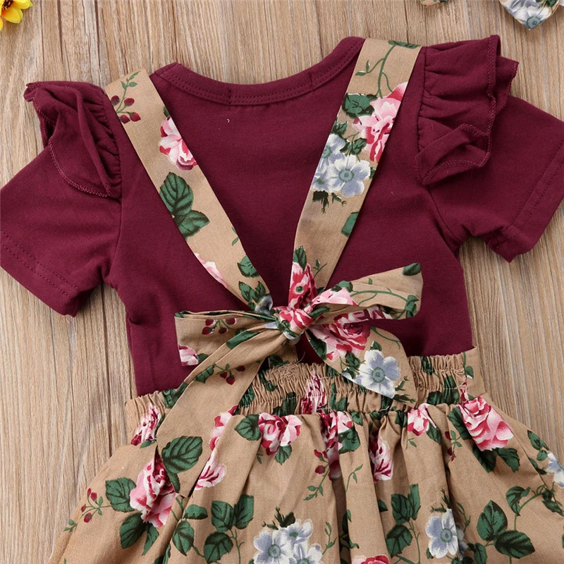 

Toddler Baby Girls Floral Sunsuit 3Pcs Set Clothes Kids Baby Girl Cotton Bodysuit Top Lace Bowknot Tutu Skirts Belt Dresses Set