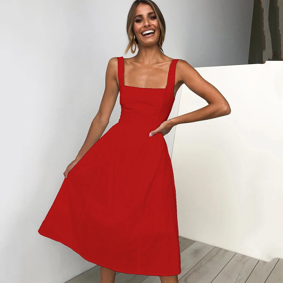 MOSHENGQI Solid Fit And Flare Dress Elegant Straps Sleeveless Plain A Line Dresses Women Pocket Summer | Женская одежда