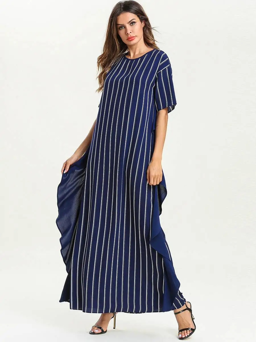 Женское длинное платье в полоску мусульманское с коротким рукавом свободное