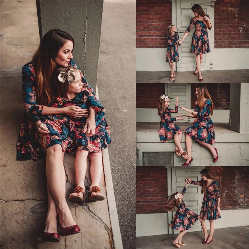 Повседневное винтажное платье в стиле бохо для матери и дочери с цветочным