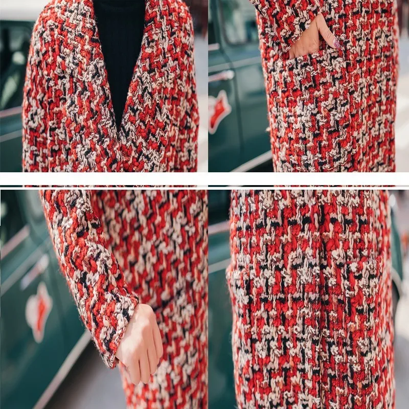 

Vintage Winter Coat 2020 Woolen Overcoat Women Long Plaid Blend Coat Thick Wool Cashmere Coat Tweed Jacket Red Outwear Okd587