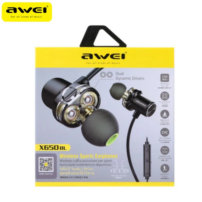 Беспроводная Bluetooth-гарнитура AWEI X650BL двойные динамические наушники с шейным