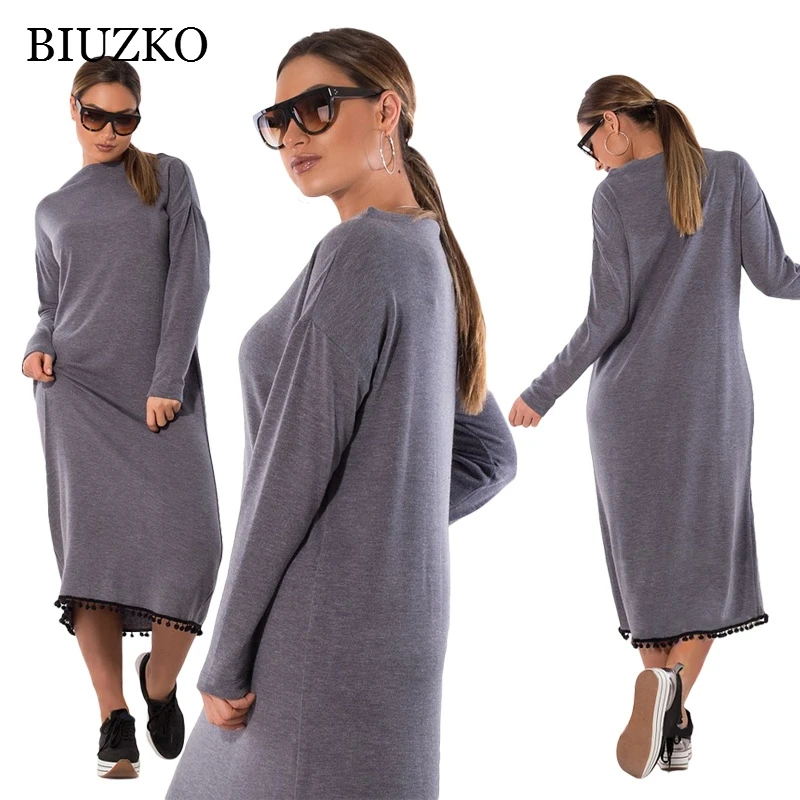 Женское однотонное прямое платье с длинным рукавом и круглым вырезом|loose dress|dresses