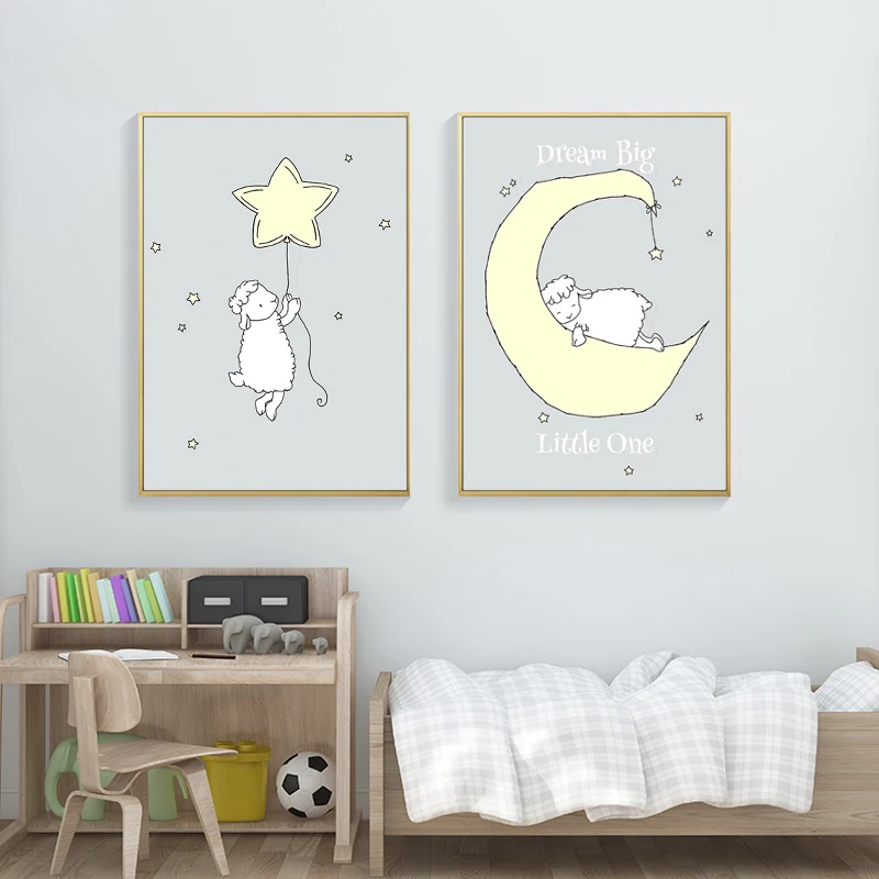 Lamb Moon and Stars Nursery Wall Art Canvas Painting Cartoon Posters Prints Nordic Kids Decoration Pictures Boys Bedroom Decor|Рисование и