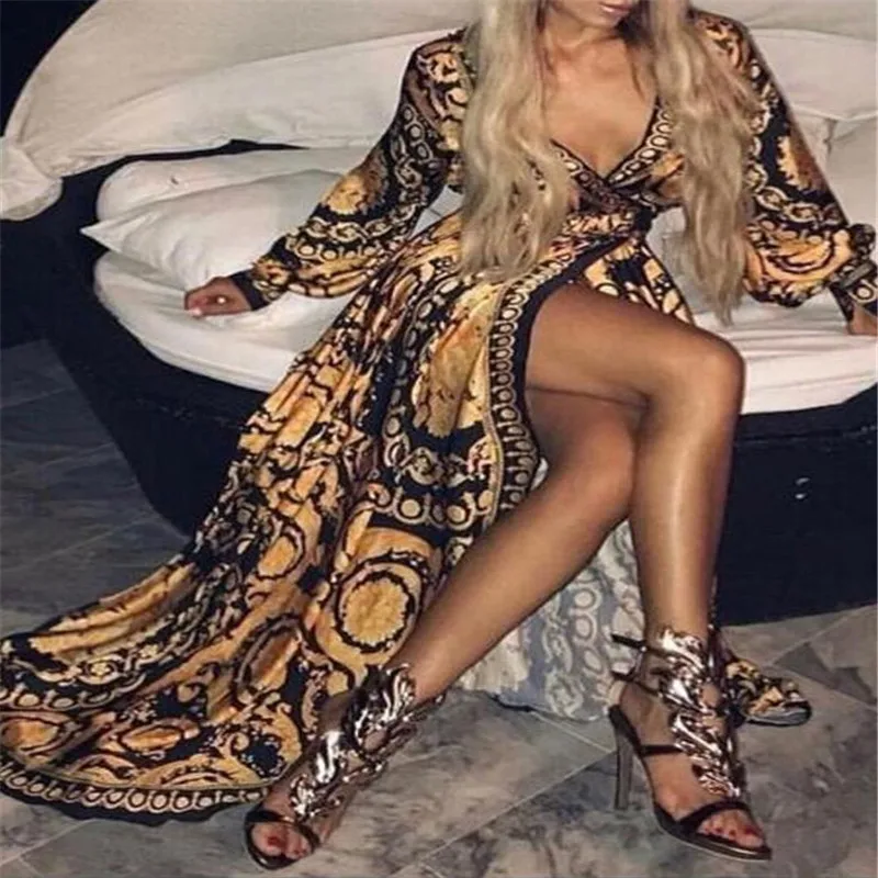 

Модное женское новое облегающее осеннее повседневное длинное коктейльное платье с длинным рукавом и V-образным вырезом и цветочным принтом