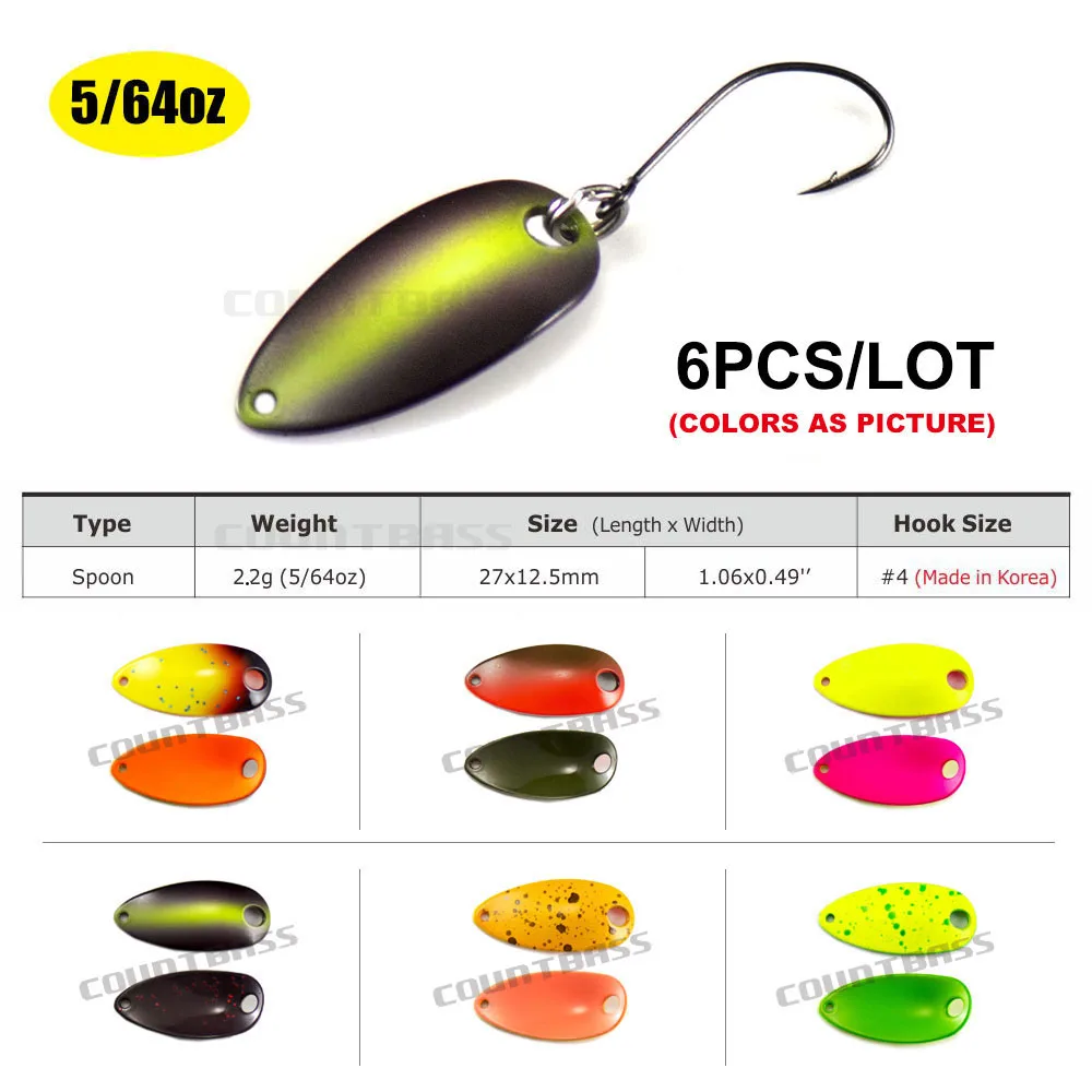 

6PCS Countbass Casting Spoon Size 27x12.5mm, 2.2g 5/64oz Freshwater Salmon Trout Pike Bass Metal Brass Fishing Lures Fish Bait