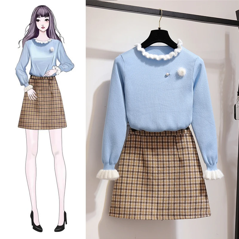 

autumn suit women warm pullover sweater turtleneck two-piece grid woolen cloth bust skirt clothing set knitwear top design S M L