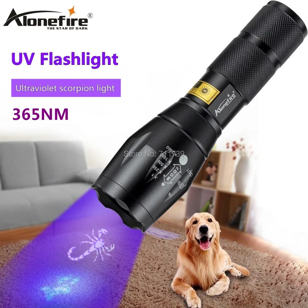 AloneFire-linterna Led UV E17, luz ultravioleta con zoom, Invisible, 365nm, gato, perro, mascota, manchas, marcador de caza, comprobador, batería AAA 18650