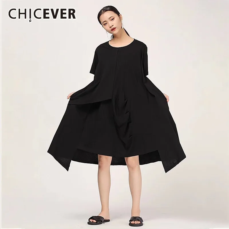 Женское платье CHICEVER черное Повседневное большого размера с о-вырезом коротким