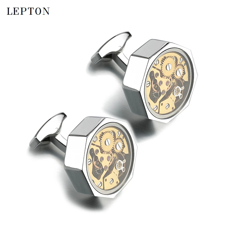 

Low-key Luxury Gold Watch Movement Cufflinks With Glass Lepton Stainless Steel Steampunk Gear Watch Mechanism Cufflinks for Mens