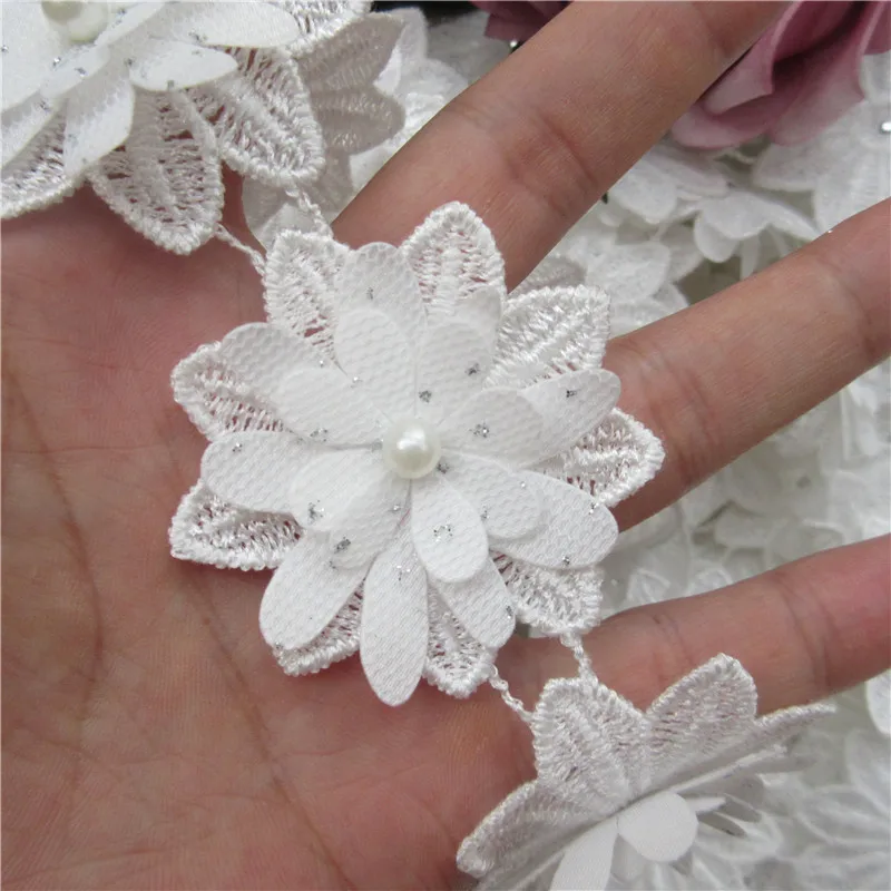 1 ярд белый и розовый полиэстер Жемчужный Цветок вышитые кружева отделка ленты