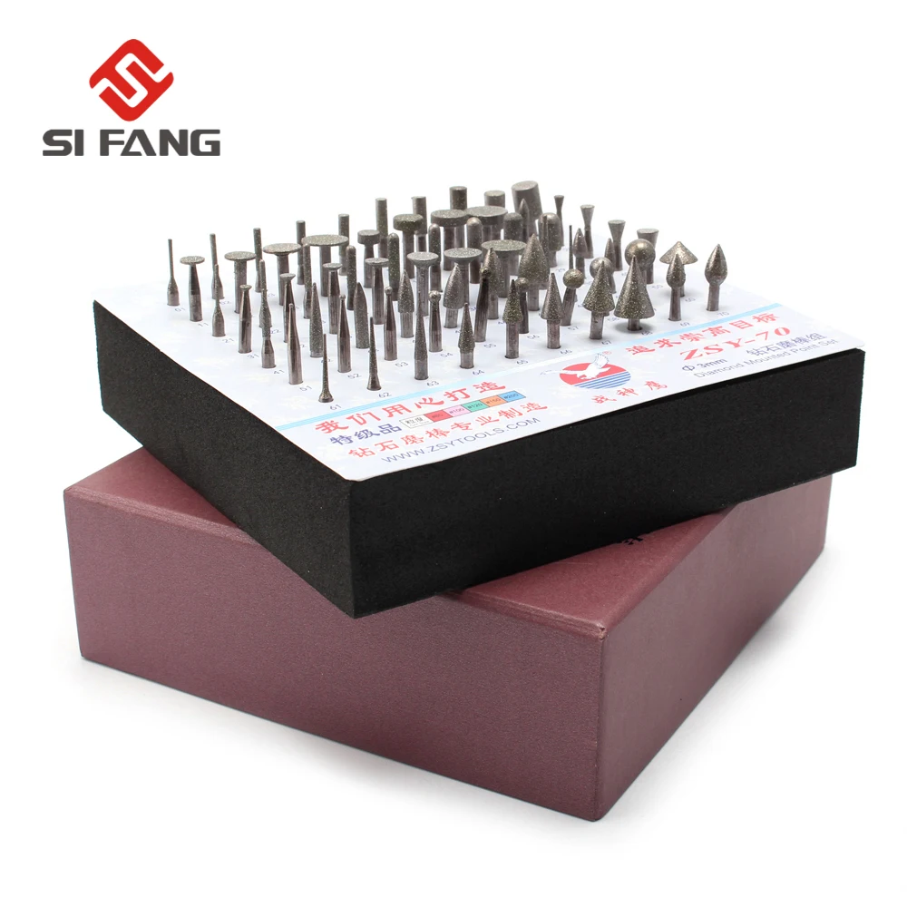 

70Pcs Diamond Brazed Burrs Grinding Needles Coated Head For Rotary Tool Burrs Bur Bit 120 Grit