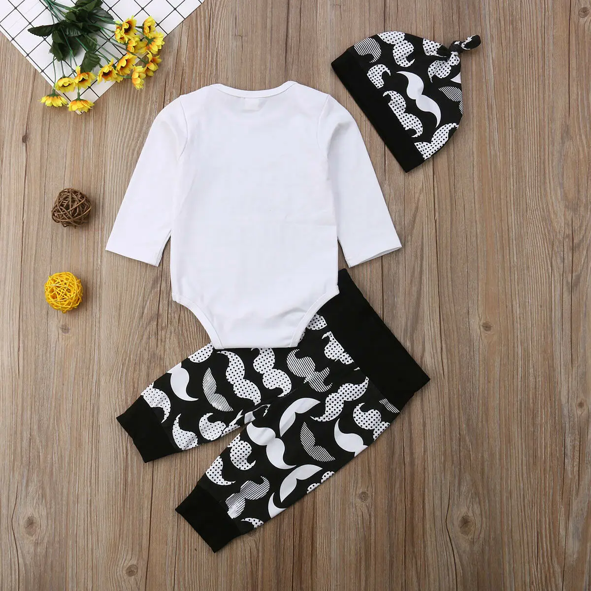3Pcs Newborn Baby Boy Clothes Long Sleeve Little Man Romper Jumpsuit +Mustache Printed Pants Leggings +Hat Outfits Set |