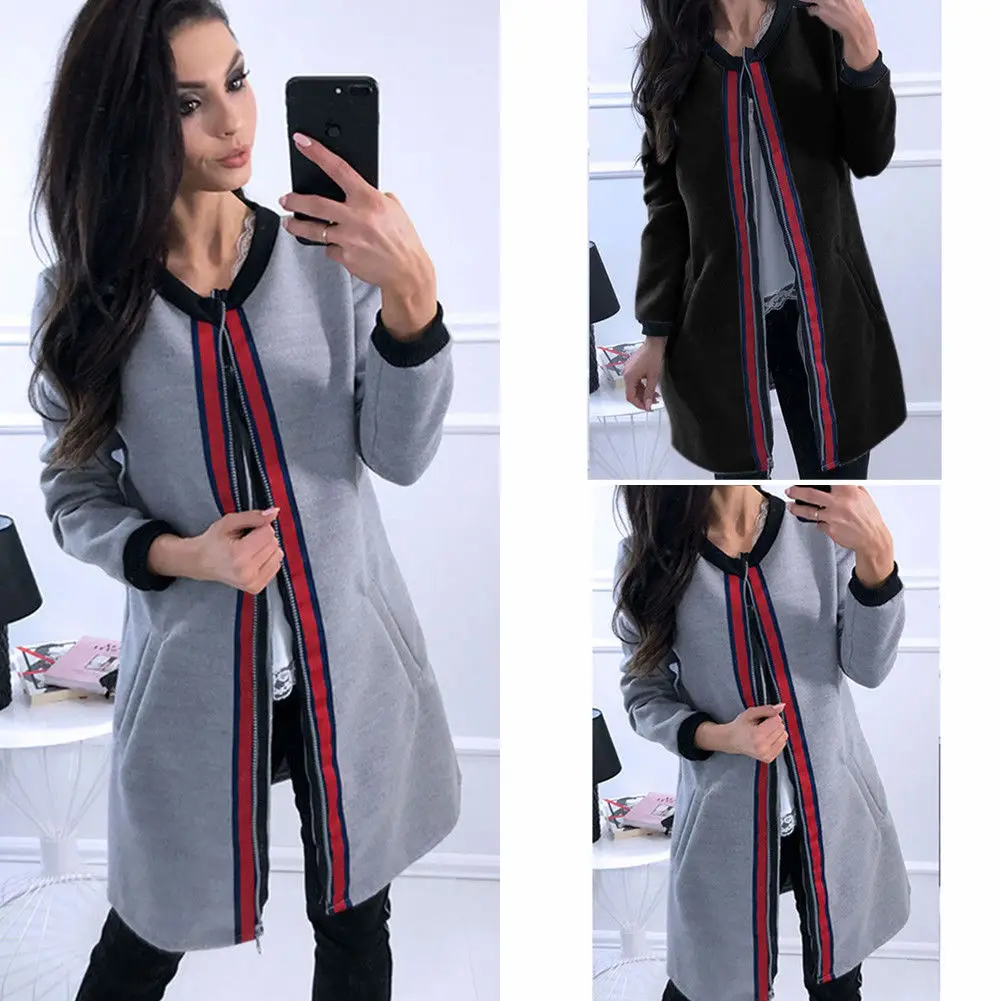 Fashion Casual Spring Winter Lady Women Long Sleeve Zipper Outwear Coats Loose Trench Black Gray | Женская одежда