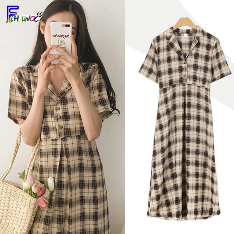 

Женское винтажное платье-рубашка, повседневное ТРАПЕЦИЕВИДНОЕ ПЛАТЬЕ С Коротким Рукавом и пуговицами, модель 5085 в Корейском стиле на лето,