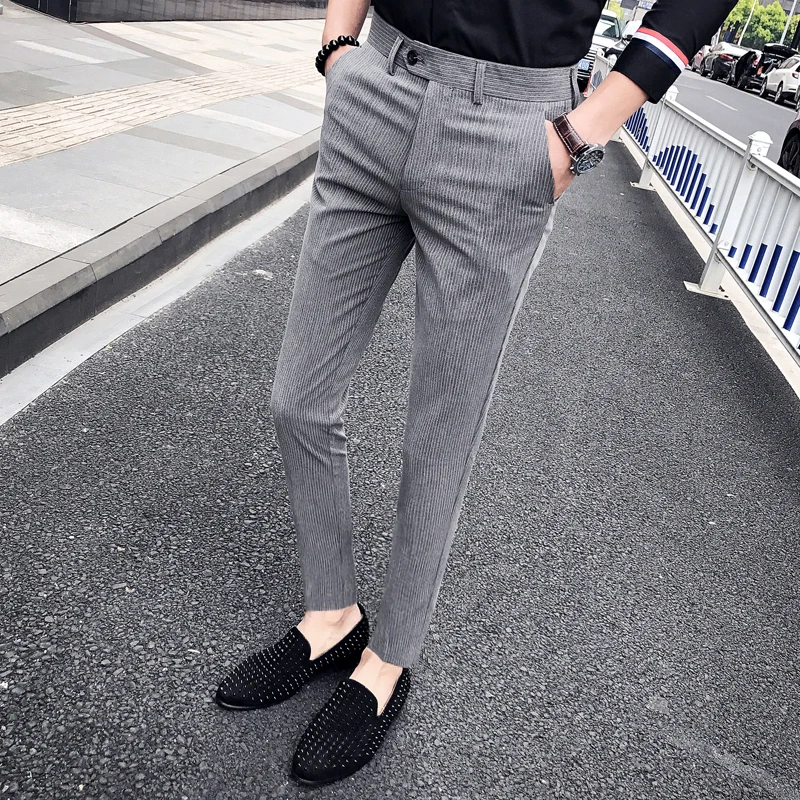 Мужские брюки в черно-серую полоску повседневные 2019 | Мужская одежда