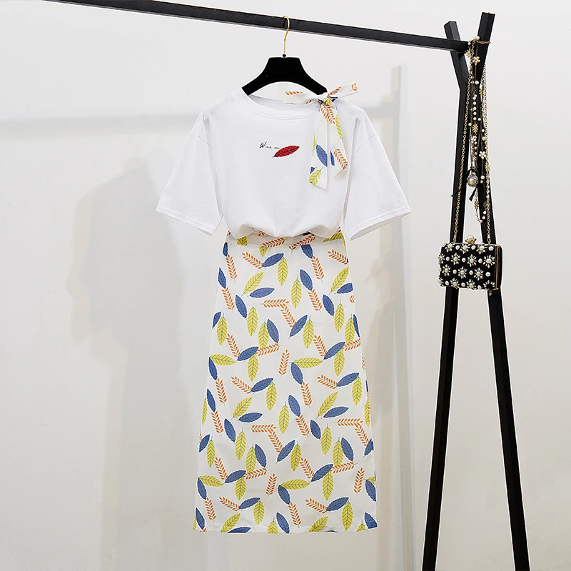 

gentle women summer suit T-shirts printed leaves long skirts two-piece clothing set vestidos chiffon top outfit bow sweet cloth