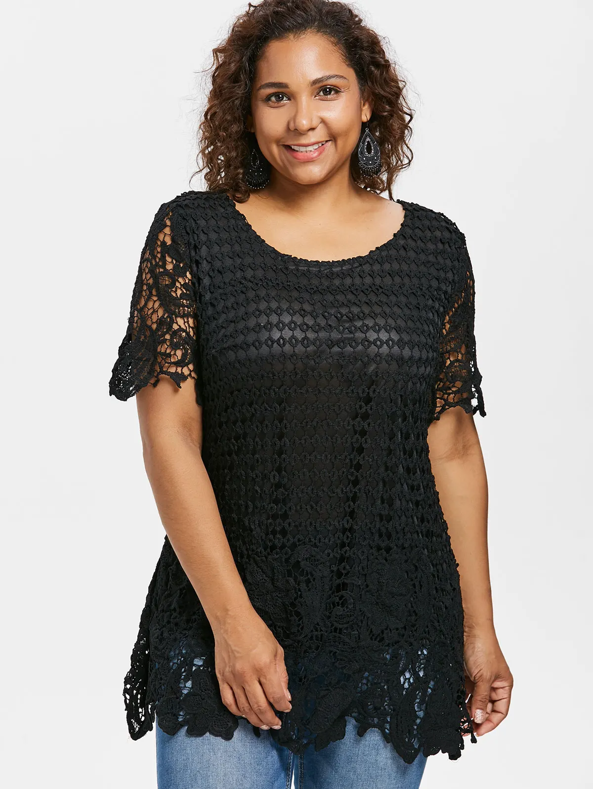 Wipalo Women Plus Size 5XL Crochet Lace Blouse Scoop Neck Short Sleeves Casual Solid Black 2019 Ladies Summer Tops|Блузки| |