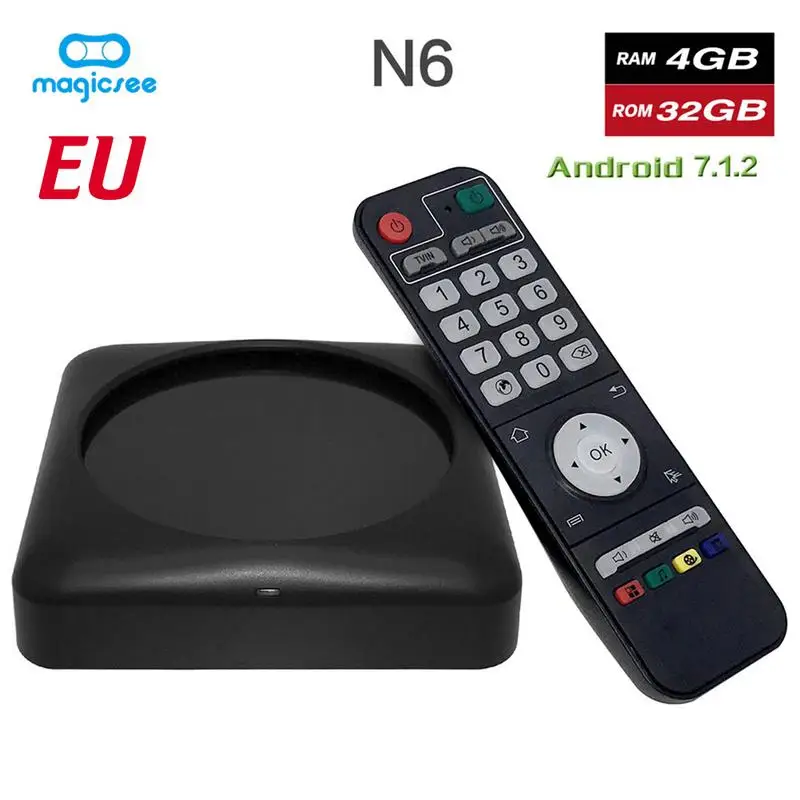 Magicsee N6MAX Android 7.1.2 Декодер каналов кабельного телевидения 4G + 32 г ТВ box Dual band WI FI DDR4 Quad