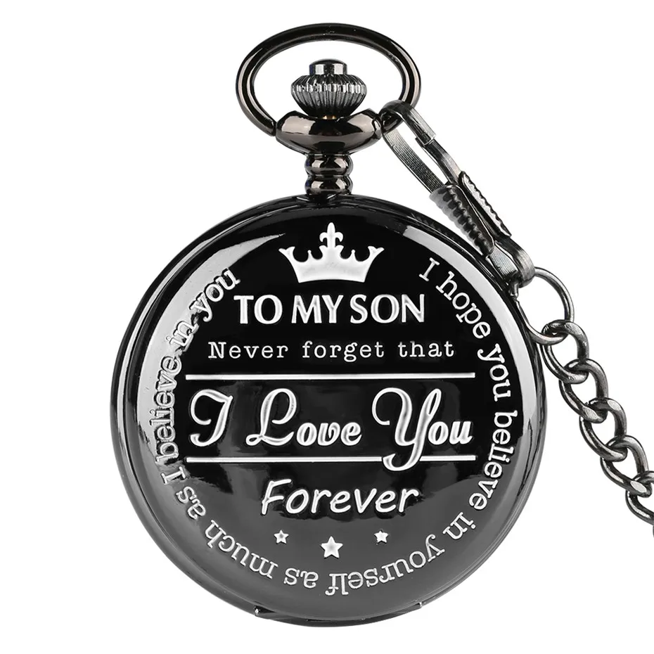 

To My Son Creative Personalized Fob Quartz Pocket Watch Black Pocket Chain Roman Numerals Retro Clock Top Gifts Items Men Boys