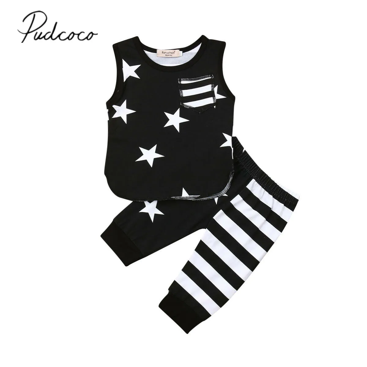 2019 Baby Summer Clothing Newborn Kids Boys Stars Clothes Sleeveless Striped Tops Patchwork Pants 2Pcs Sets Outfits 0-3Y |