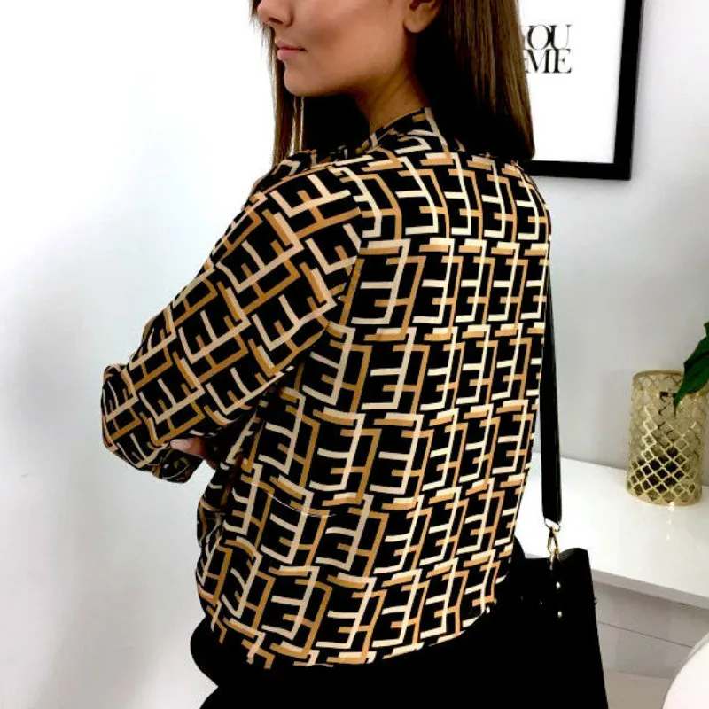 Fashion Women Print OL Blouse Tops Ladies Long Sleeve Lace-up Loose Casual |