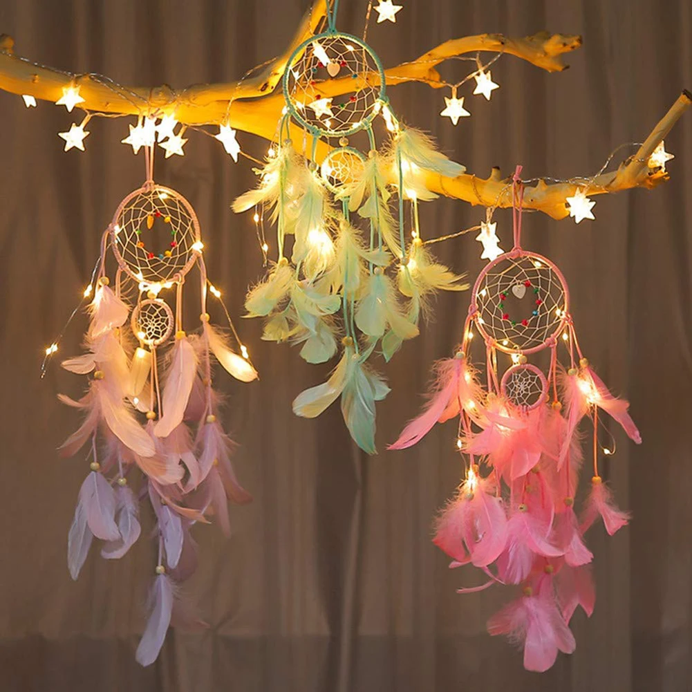

2 M 20 LED Lighting Dream Catcher Chandelier Lamp Feather Crafts Wind Chimes Girl Bedroom Romantic Hanging Decoration Gift