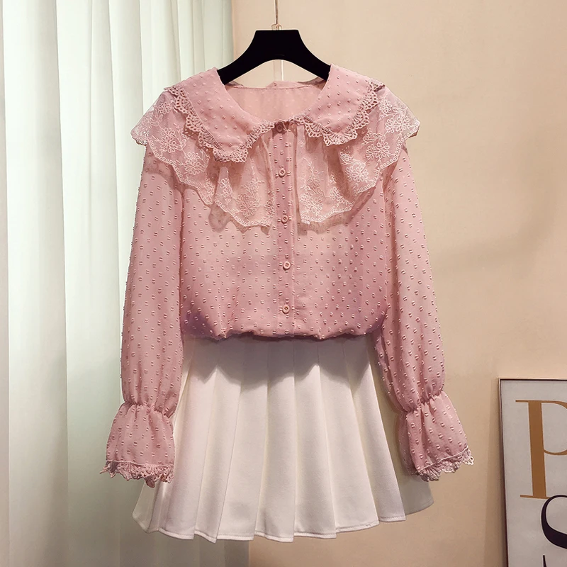 Женская рубашка в горошек с длинными рукавами и воротником Питер Пэн Корейском