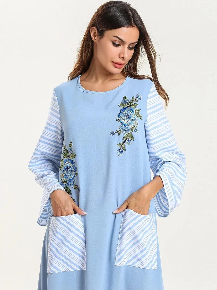 Abaya женское Цветочная вышивка свободное коктейльное мусульманское платье Макси