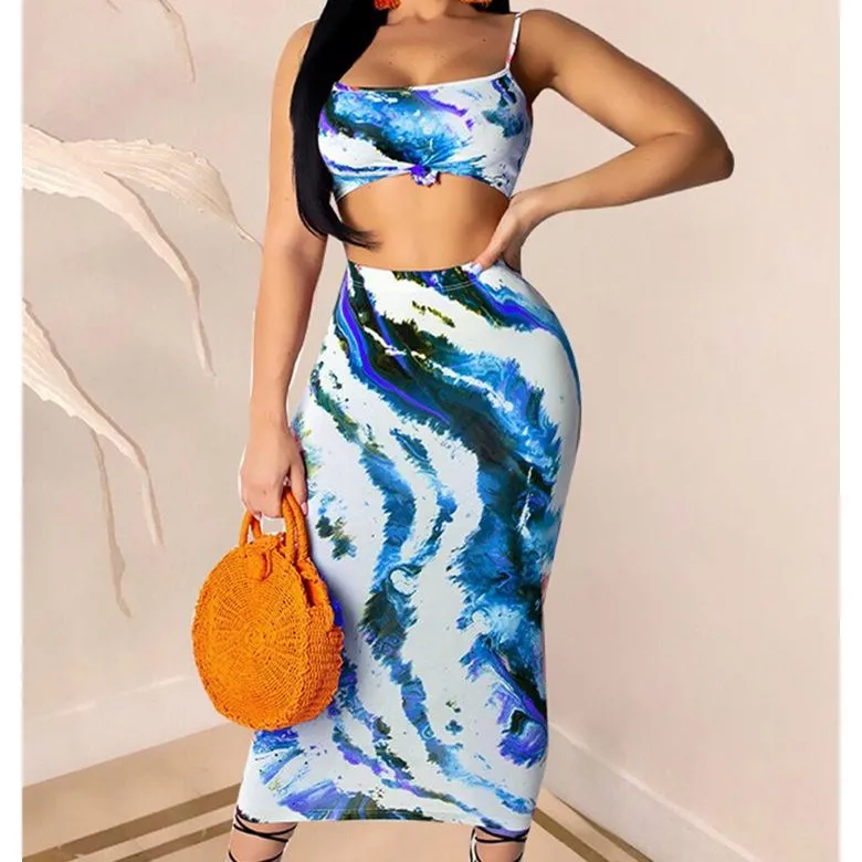 2019 New Women Floral Print Sexy 2 Piece Set Summer Crop Top Midi Skirts Casual Suit Sleeveless Skinny Outfit | Женская одежда