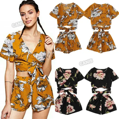 

Summer Casual Women Two Pieces Bandage Shirt Crop Top Shorts Beach Jumpsuit Outfit Female Clothing