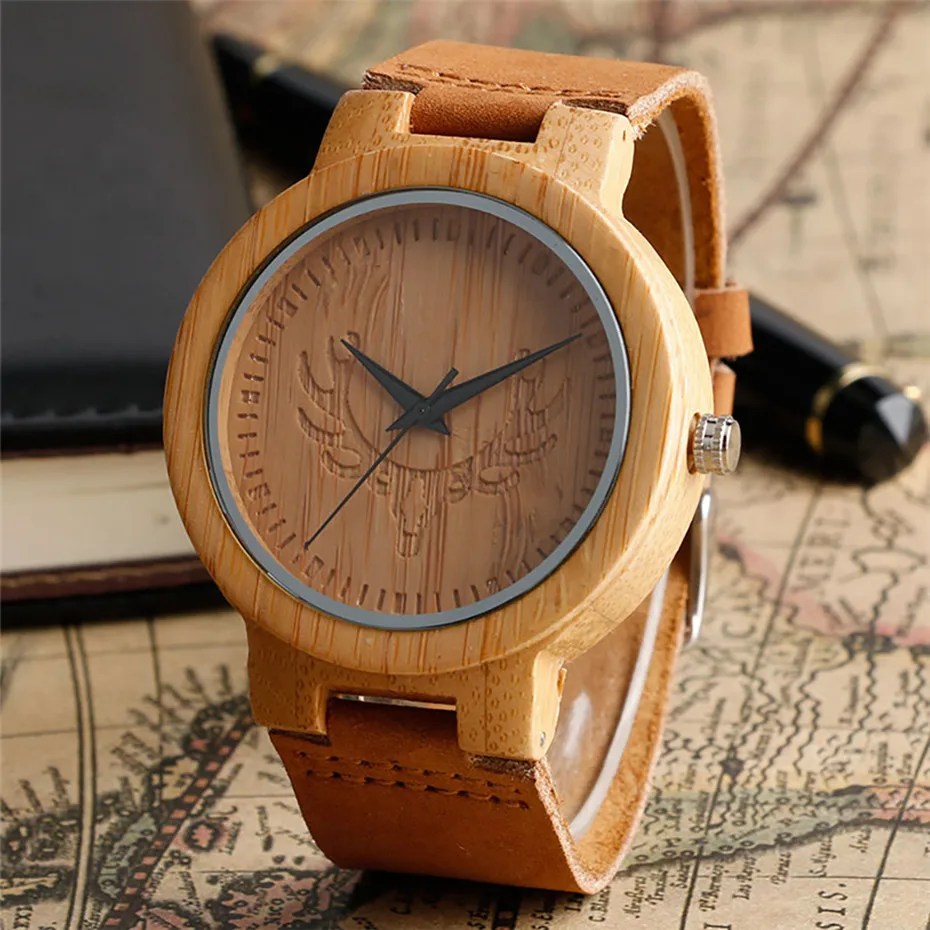 Ультра легкие часы с гравировкой Elk Wood для мужчин и женщин кварцевые из
