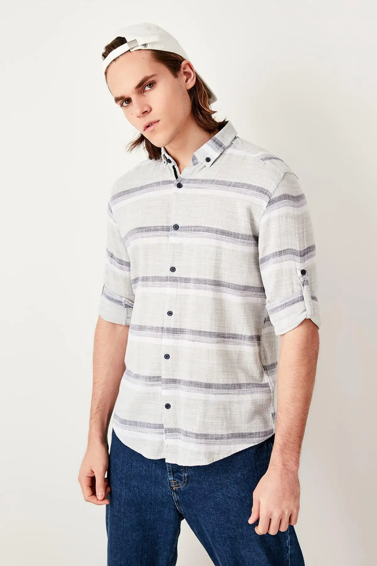 Trendyol хаки мужская полосатая погоны Кнопка Воротник Slim Fit рубашка TMNSS19RS0031 |