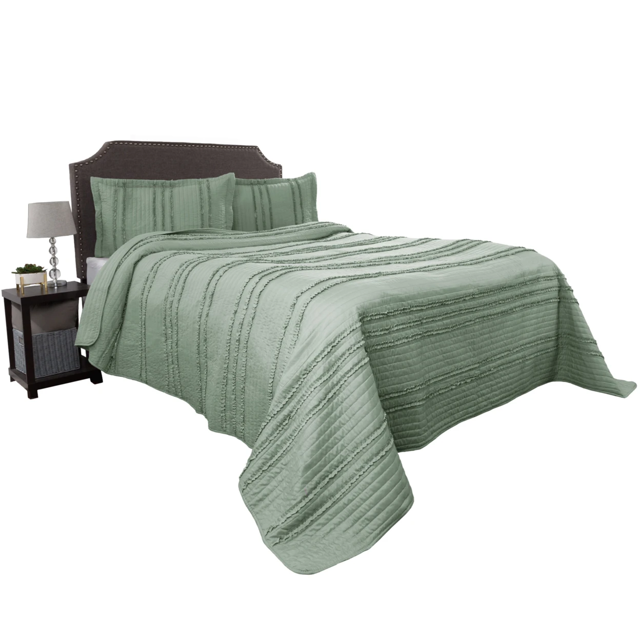 Мятная Королева 3 шт. набор стеганый покрывало элегантный полосатый рюшами