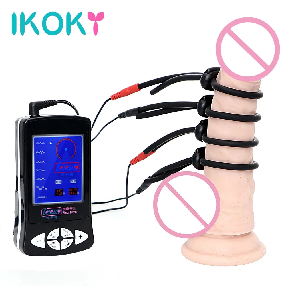 IKOKY Silicone Penis Ring Electric Shock Cock Therapy Massager Medical Sex Toys for Men Electro Stimulation Shock|Эрекционные