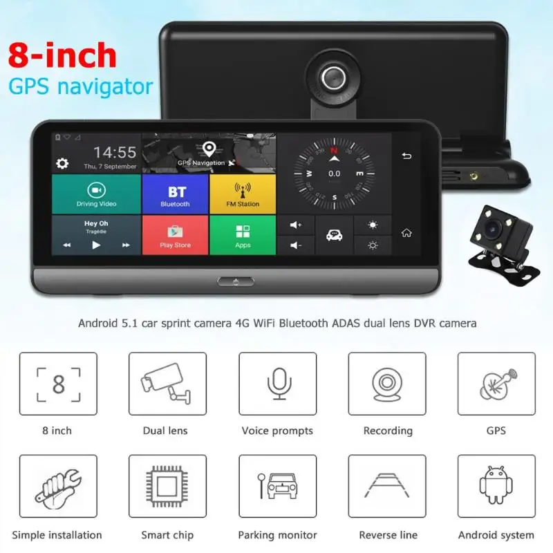 Phisung 8in Android 5 1 Автомобильный видеорегистратор 4G WiFi BT ADAS двойной объектив DVR камера
