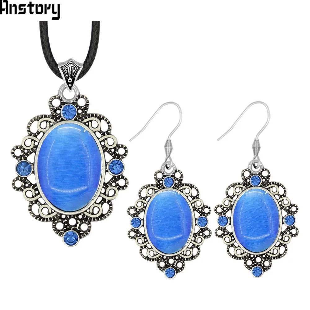 Oval Opal Vintage Jewelry Set Crystal Necklace Earrings Hollow Flower Antique Silver Plated Fashion TS468 | Украшения и