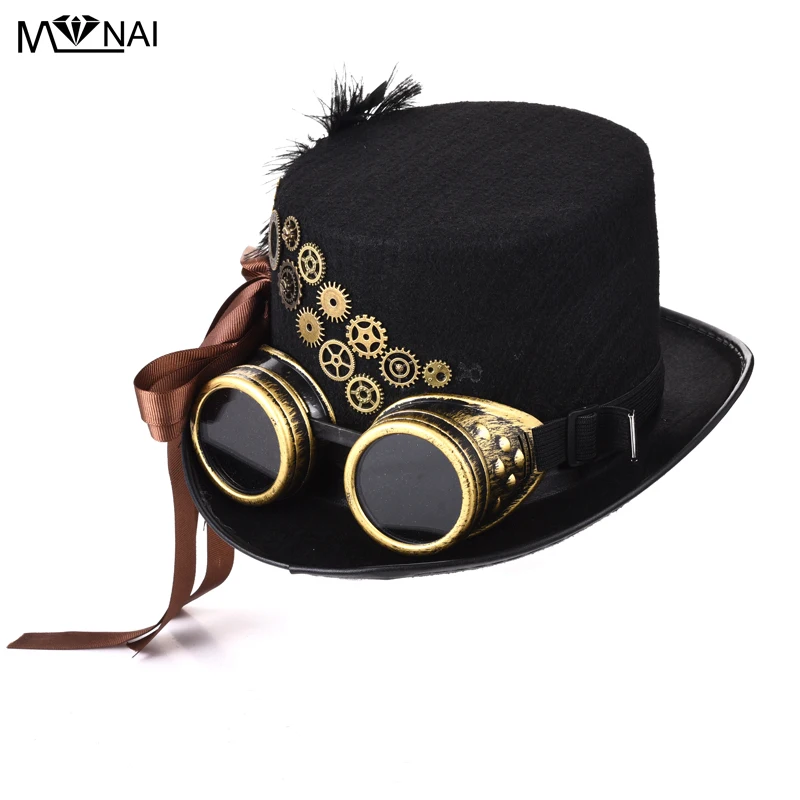 

Steampunk Retro Ribbons Fedora Gothic Unisex Gears Feather Top Hat With Goggles Halloween Cosplay Head Wear Accessory