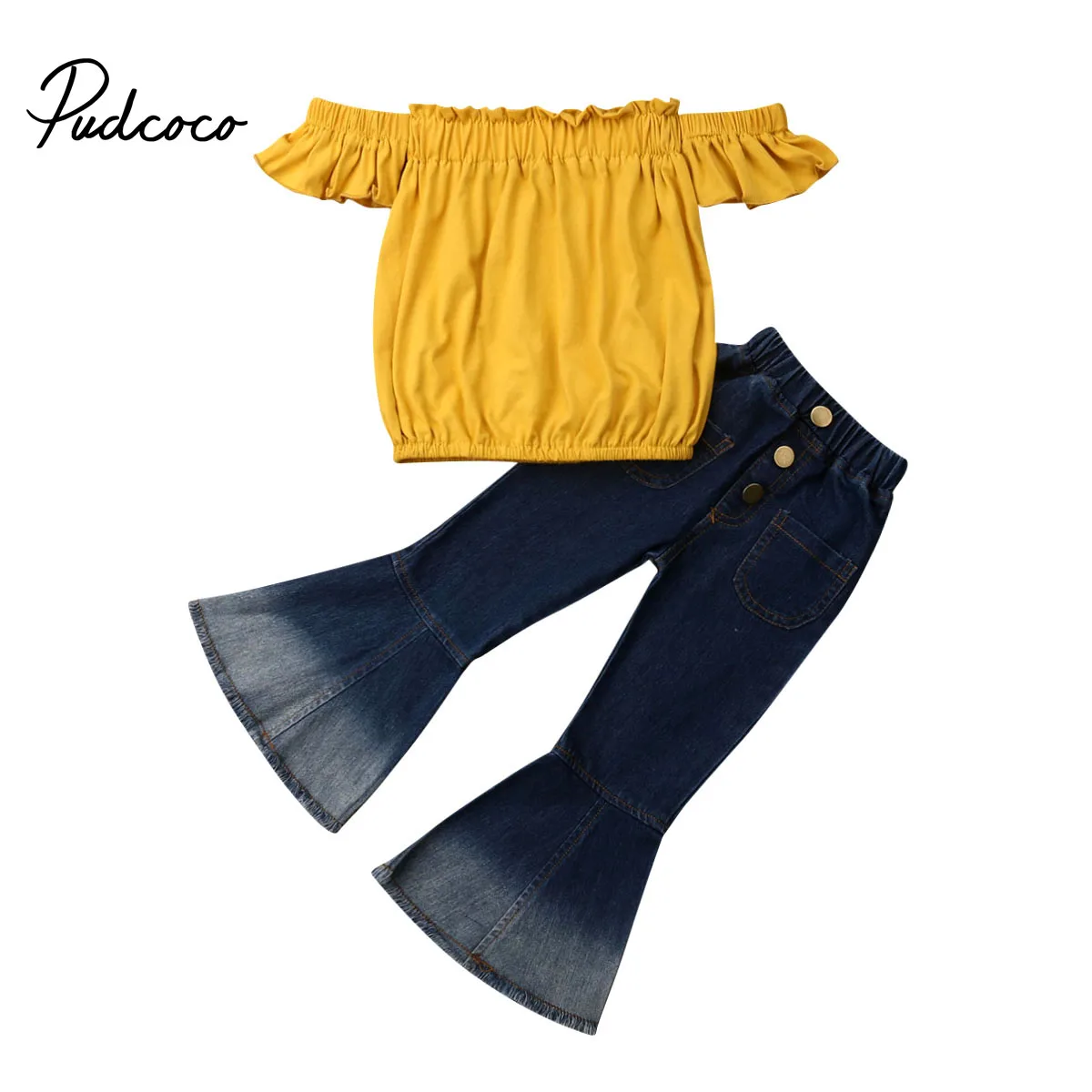 Pudcoco 2pcs Newborn Kid Baby Girls Clothes Off Shoulder Tops Denim ell-Bottoms Pants Flared Pants  Summer Outfits Clothes Set