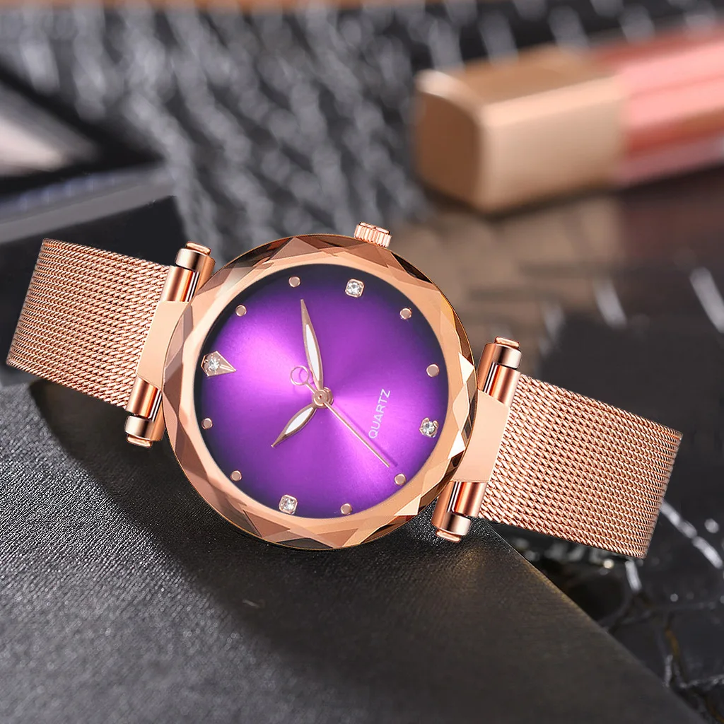 Роскошные модные женские часы Reloj Mujer из розового золота с сеткой звездное небо