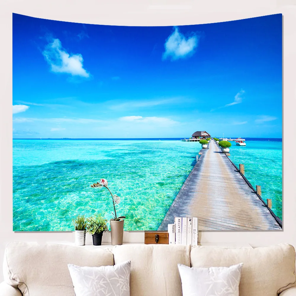Seaside Tapestry Wall Hanging Blue Sky Beach View Window Boho Decor Dorm Carpet for Home Blanket | Дом и сад