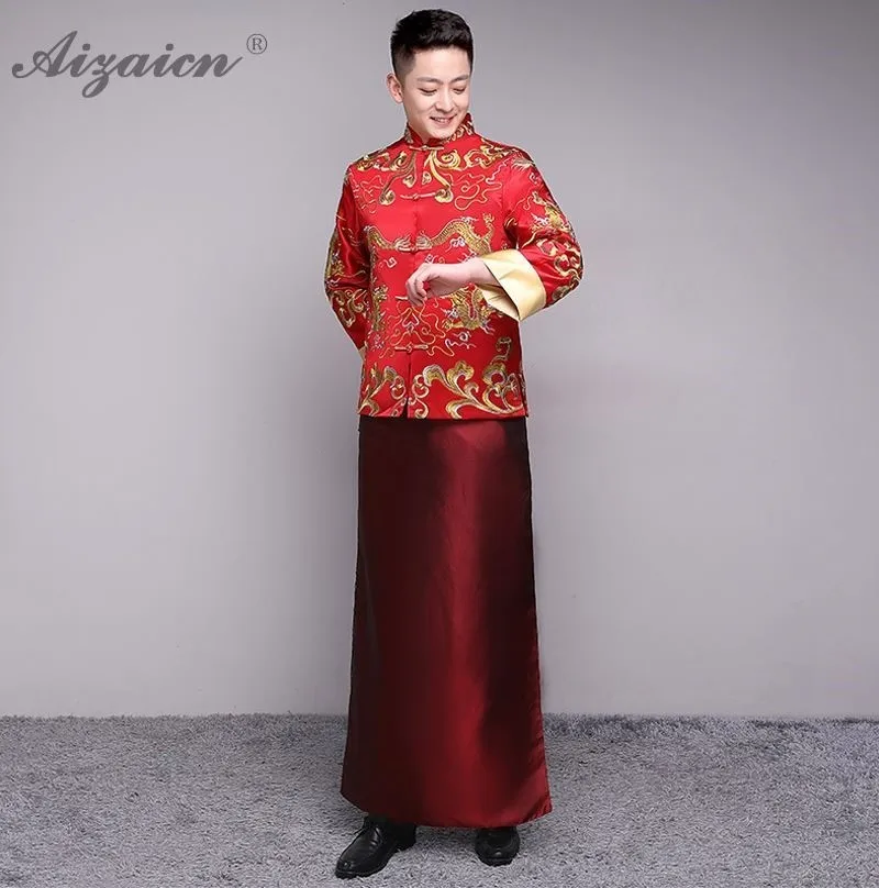 Чонсам для жениха с красной вышивкой мужские свадебные платья в восточном стиле