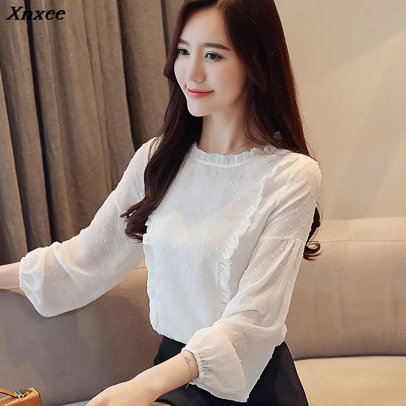 

2020 Autumn new long-sleeved women blouses chiffon women's shirt Sweet bottom female women tops lantern sleeves blusas Xnxee