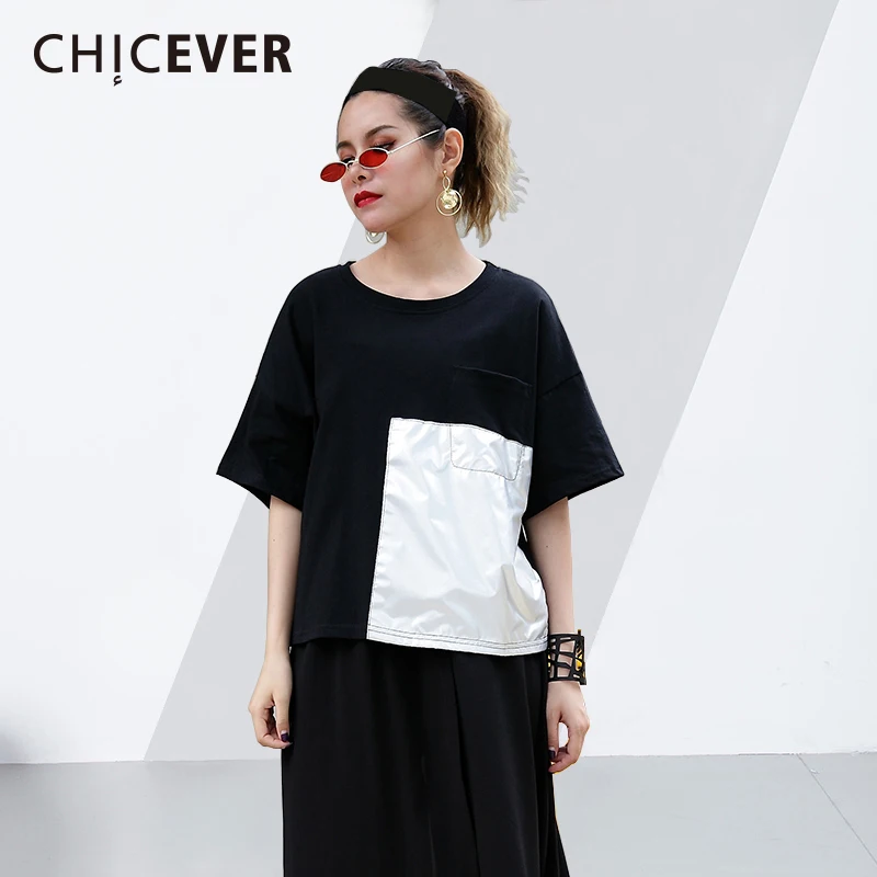 Женские лоскутные футболки CHICEVER летние короткие с коротким рукавом и круглым