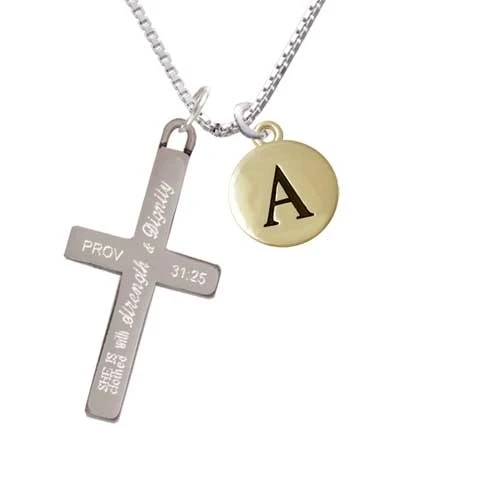 Capital Gold-colored Tone Letter - A Pebble Disc Strength And Dignity Cross Necklace | Украшения и аксессуары