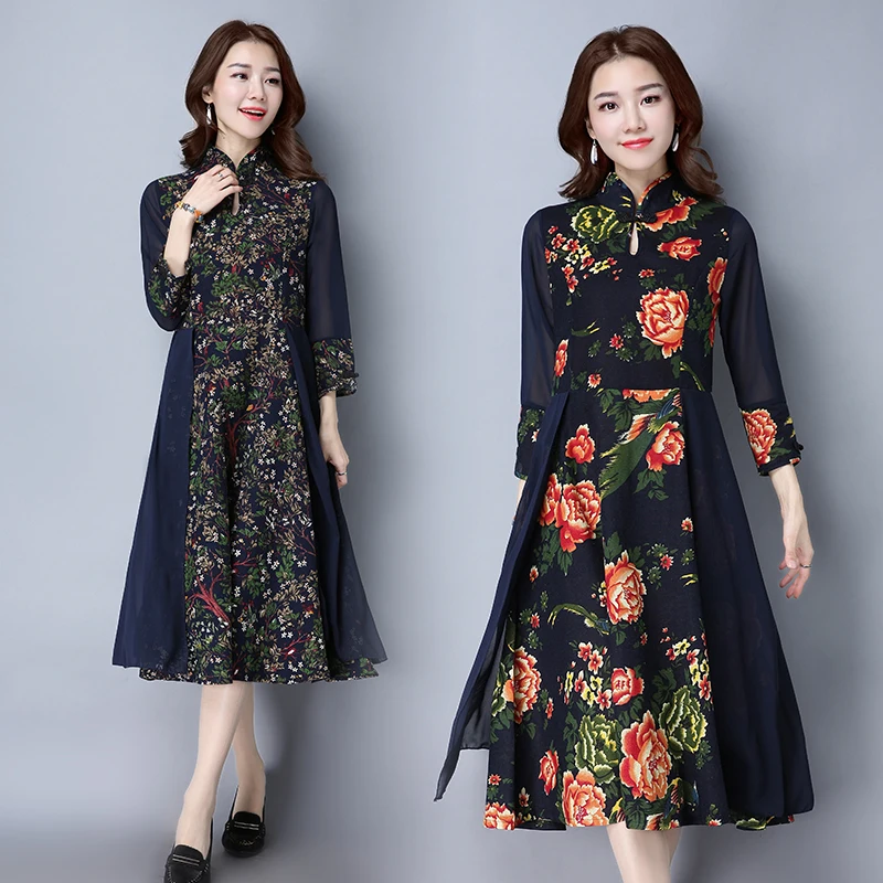 Демисезонный китайский Стиль Винтаж платье Новый Для женщин с длинным рукавом
