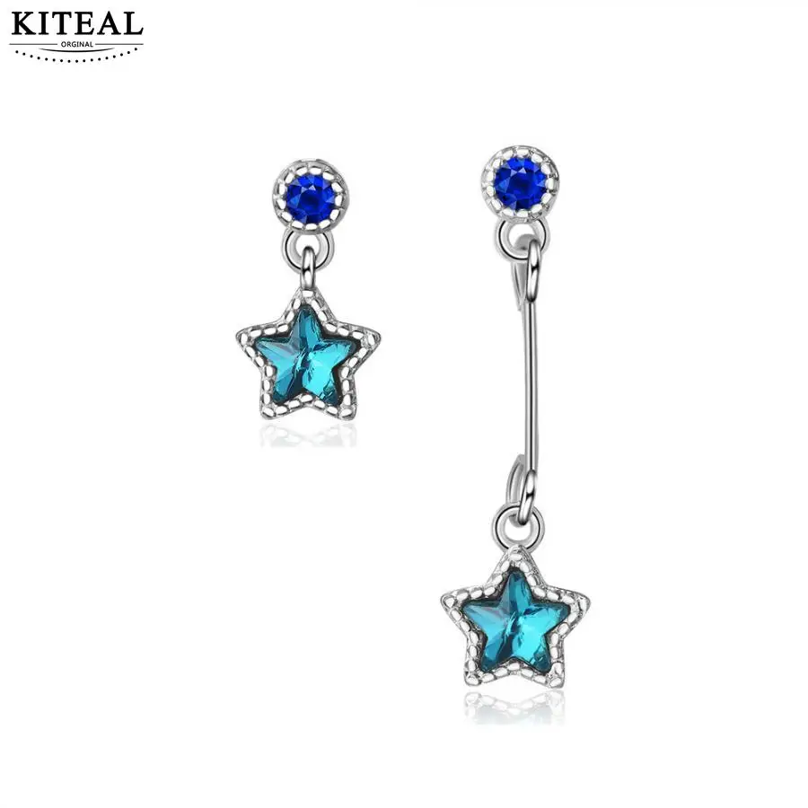 KITEAL 2019 newest silver color 925 jewelry Girlfriend earring Asymmetry blue star Zircon five cuff love|Серьги-гвоздики| |