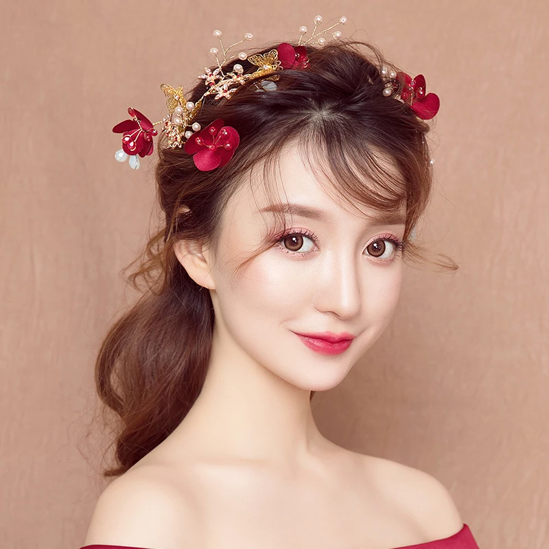 Fashion Handmade Hair Clips Red Fabric Flower Barrettes Wedding Bridal Bridesmaids Side Clip Accessories Photography Headdress | Украшения